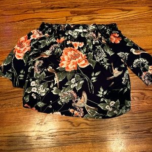 Navy off shoulder flowery shirt. Size S